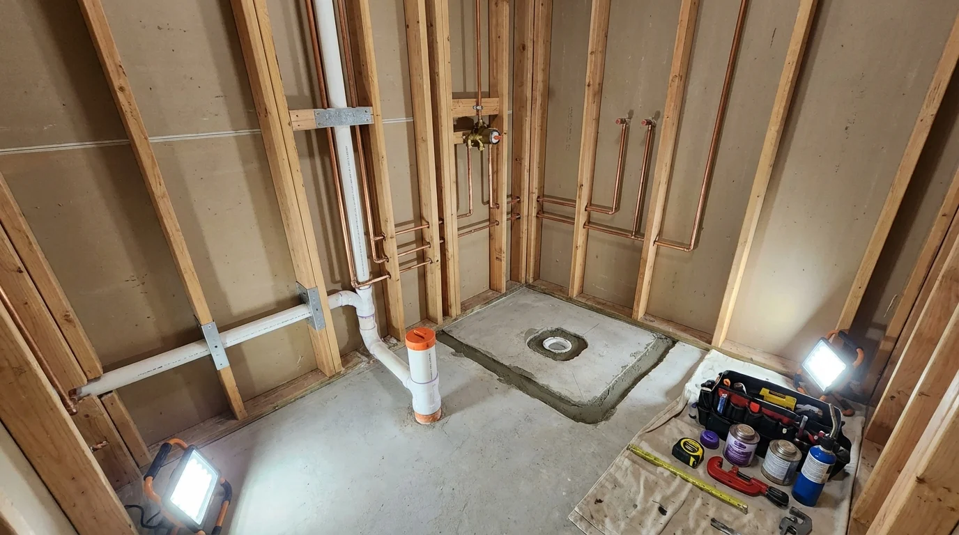 Bathroom rough-in plumbing during remodel by Johns Plumbing LLC in Yaphank