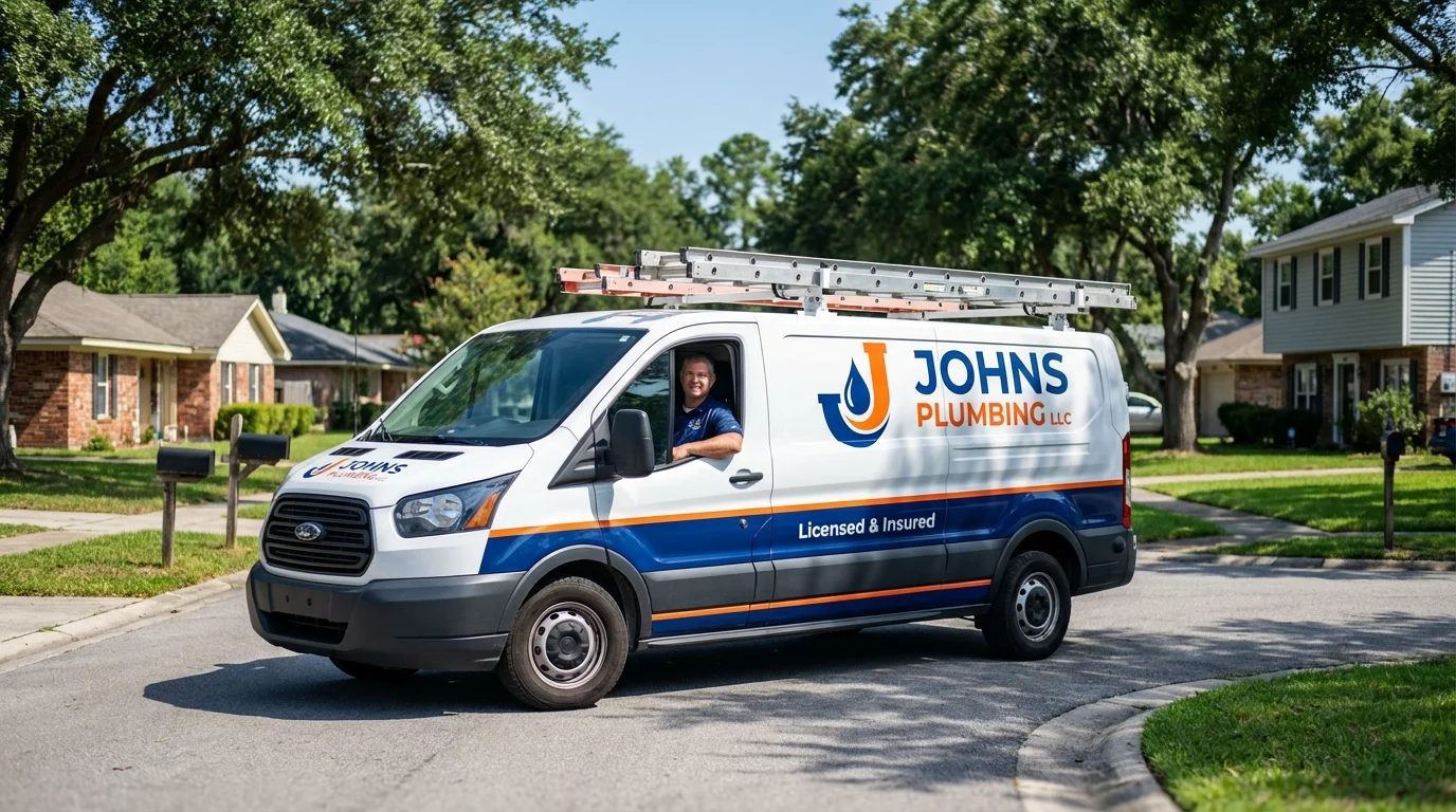 Johns Plumbing LLC service van in Yaphank, NY