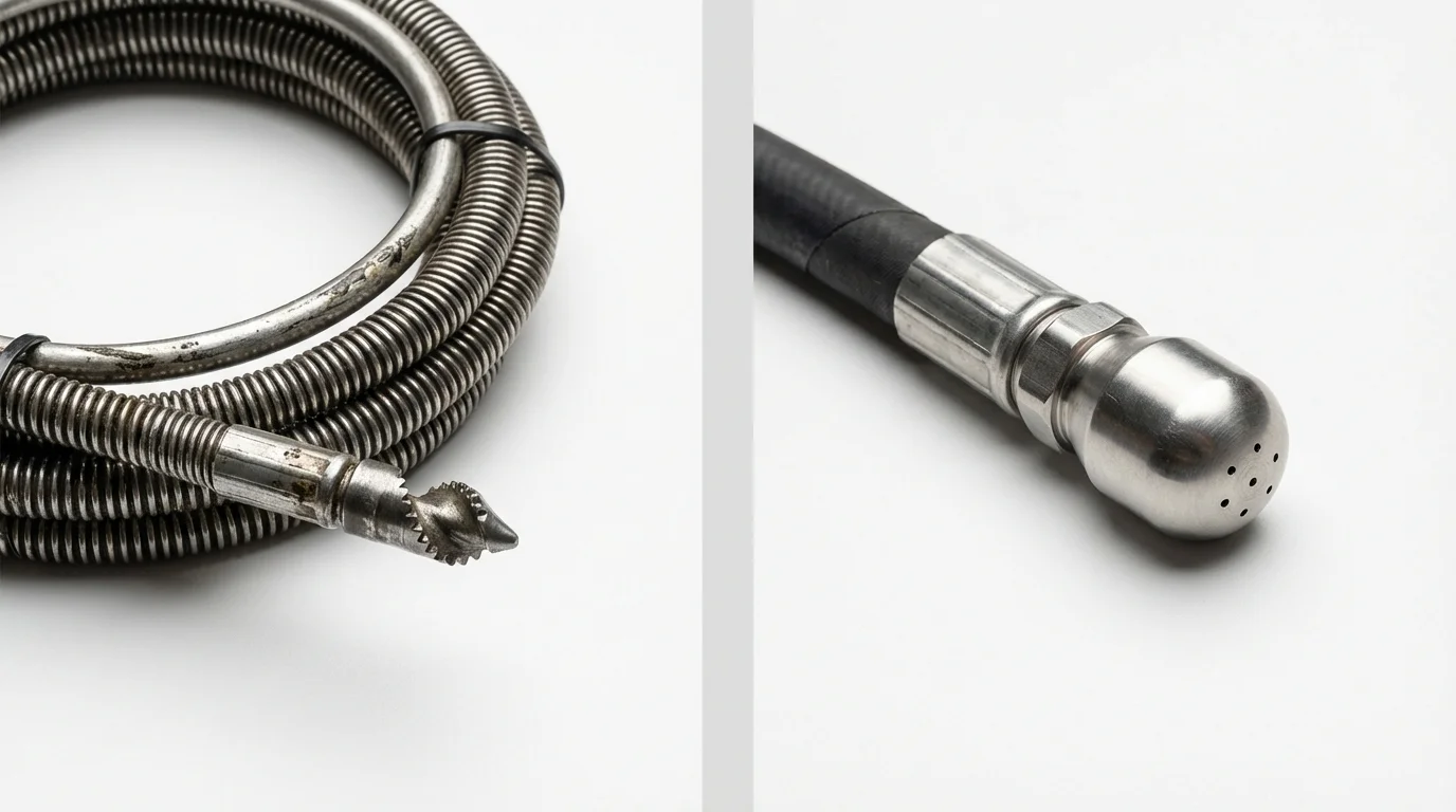 Drain snake cable and hydro jetting nozzle used for drain cleaning in Yaphank, NY