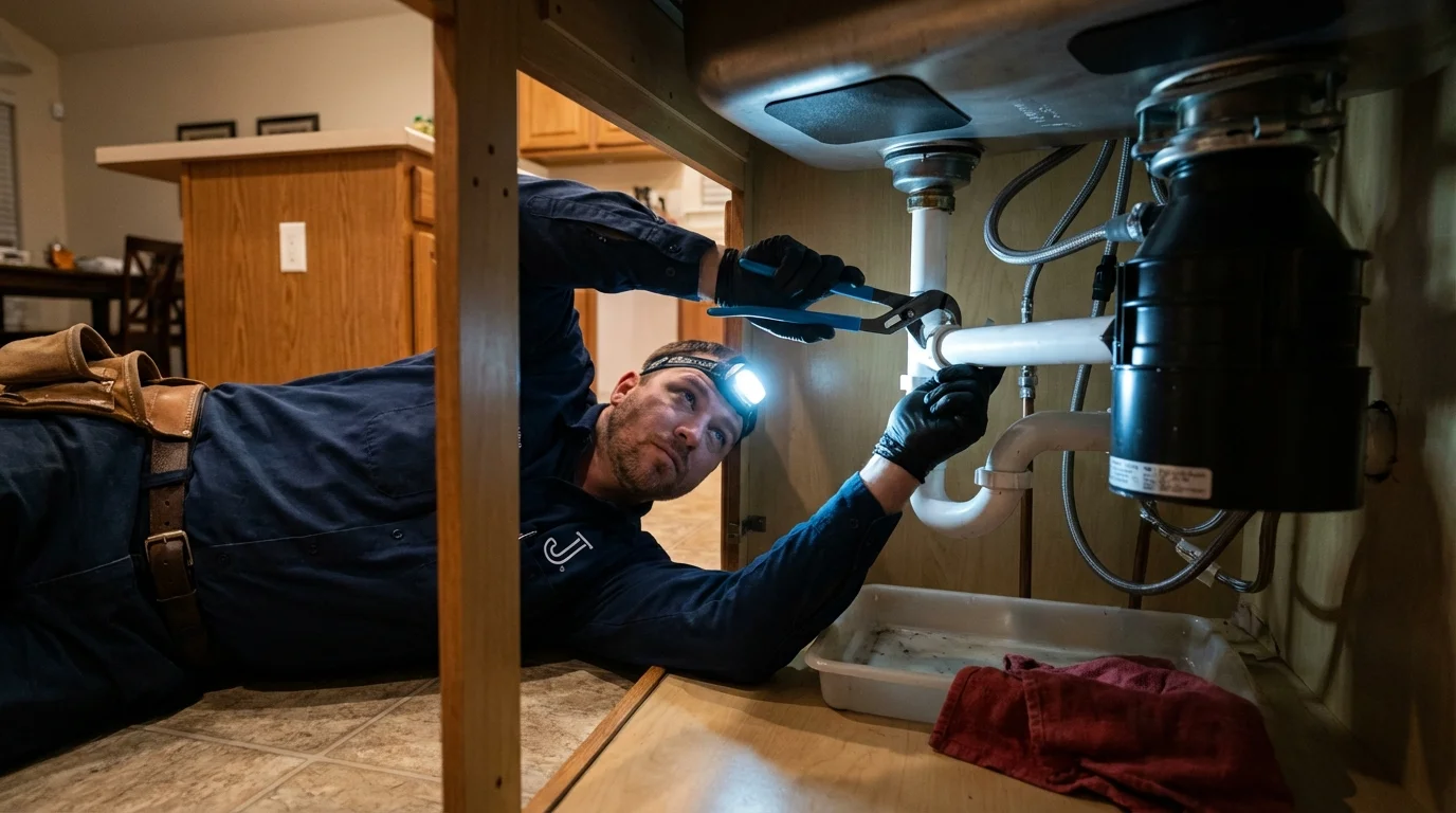 P-trap and supply line connections under a kitchen sink showing a common leak point in Yaphank, NY